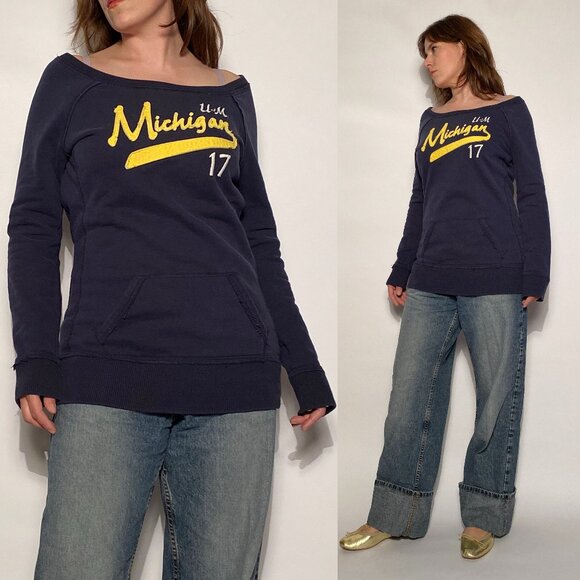 Vintage Y2K University of Michigan Boat Neck Tunic Sweatshirt w Kangaroo Pockets - Picture 1 of 11
